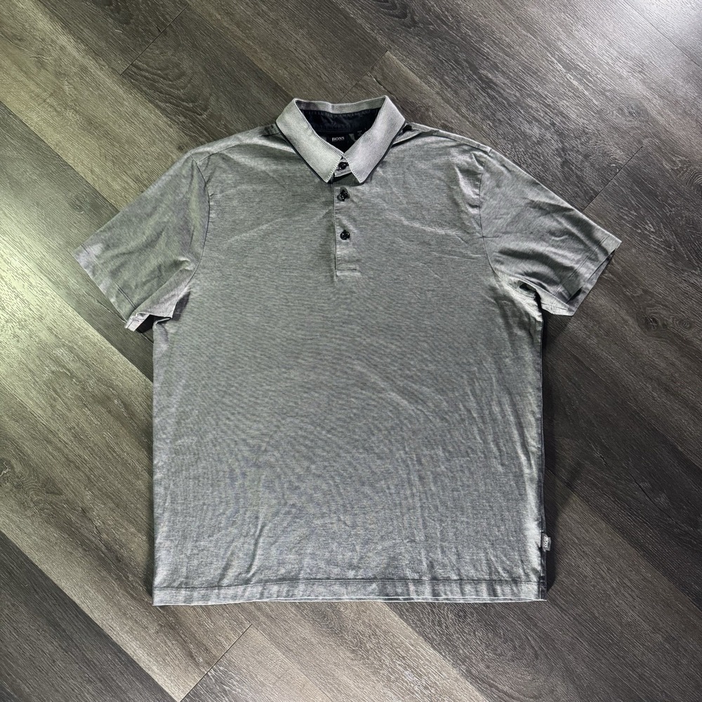 Hugo Boss Polo Shirt Mens Size XL Gray Striped Casual Short Sleeve